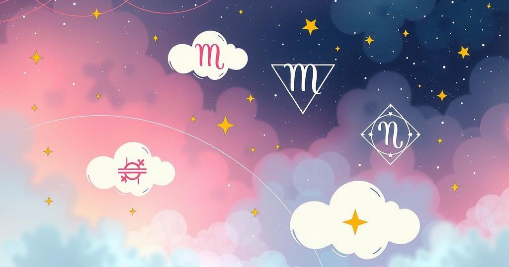 Astrological symbols and celestial elements in a soothing pastel colour scheme with a cosmic background.