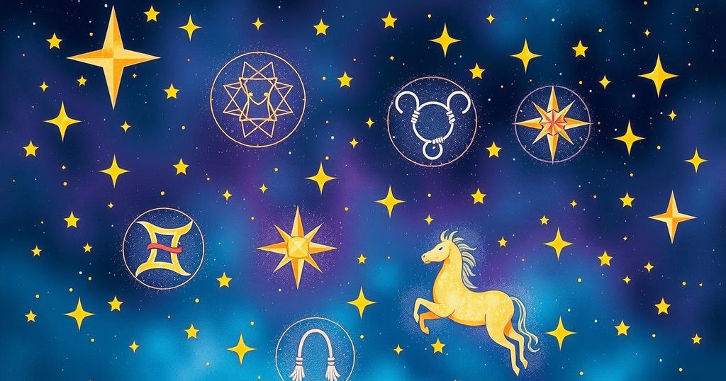 A vibrant cosmic scene with zodiac symbols, intertwined with stars and a celestial background, in a harmonious colour palette.