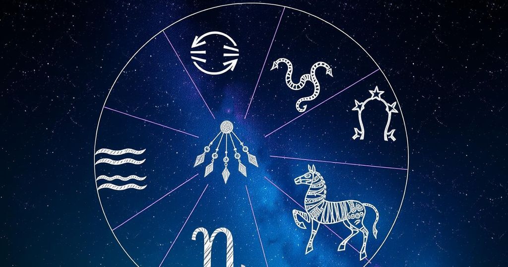 Astrological symbols with zodiac signs against a starry night background, showcasing cosmic connections and celestial elements.
