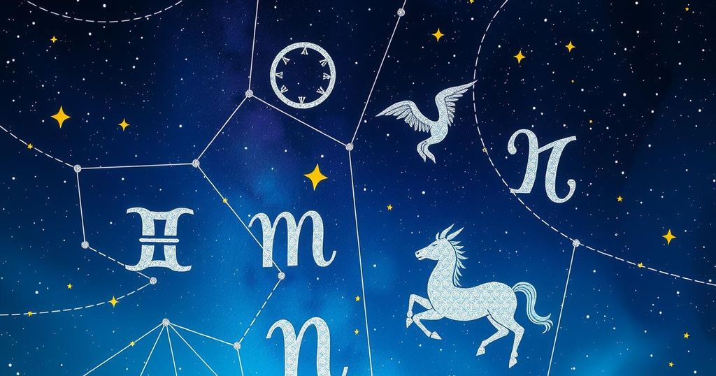 A vibrant astrological scene depicting zodiac symbols under a cosmic night sky with twinkling stars and constellations.