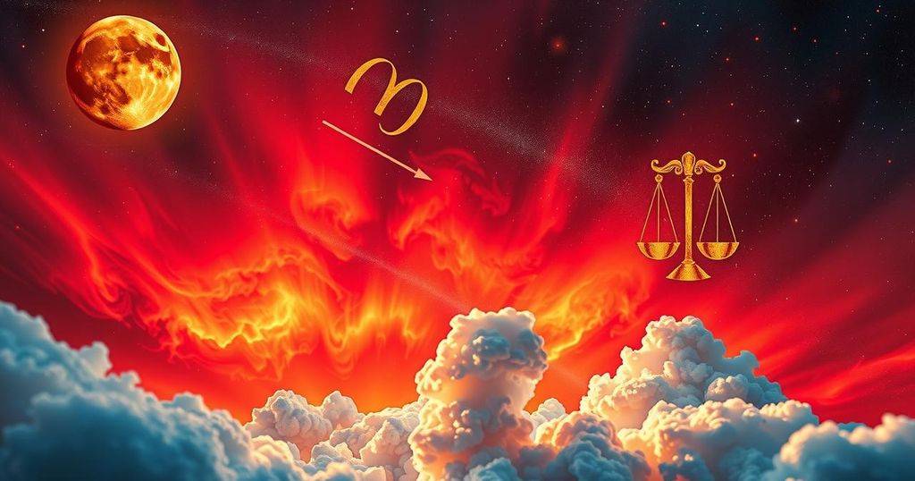 A cosmic scene representing astrology with Aries and Libra symbols, fiery colours and a celestial backdrop.