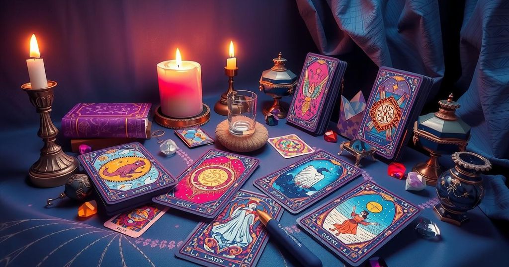 A mystical tarot reading scene featuring various tarot cards, candles, and vibrant crystal decor, set in a serene ambiance.
