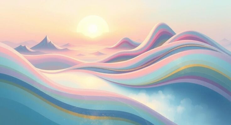 A serene landscape highlighting transformation and healing, with soft pastels and gentle curves.