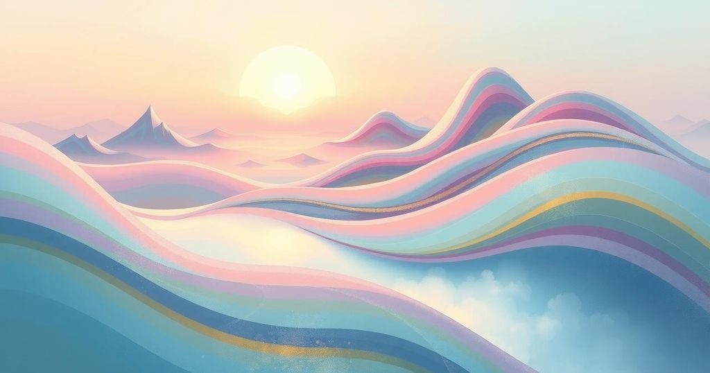 A serene landscape highlighting transformation and healing, with soft pastels and gentle curves.