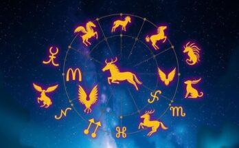 A vibrant astrological scene depicting zodiac symbols surrounded by celestial elements and a starry night sky.