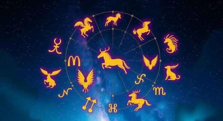 A vibrant astrological scene depicting zodiac symbols surrounded by celestial elements and a starry night sky.