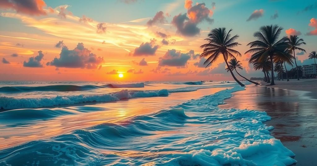 A vibrant beach scene with clear blue ocean waves and a golden sunset sky, reflecting tranquillity and inspiration.