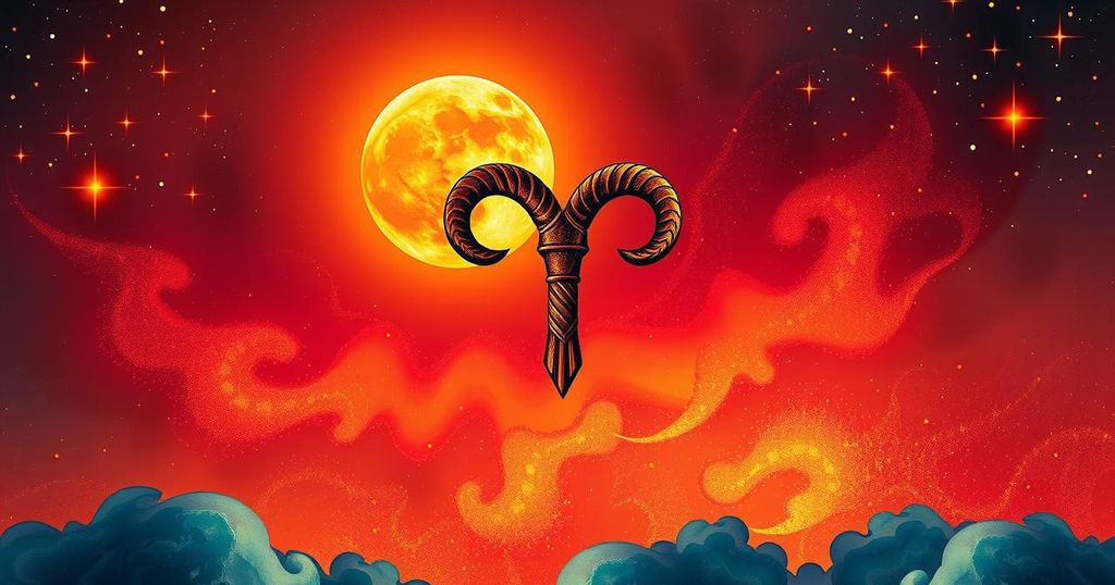 Celestial scene with an Aries symbol under a fiery moon, surrounded by stars, in warm hues with a mystical feel.