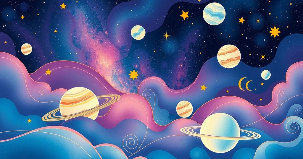 Celestial illustration of zodiac symbols aligning under a starry sky with planets and cosmic elements in vibrant colours.