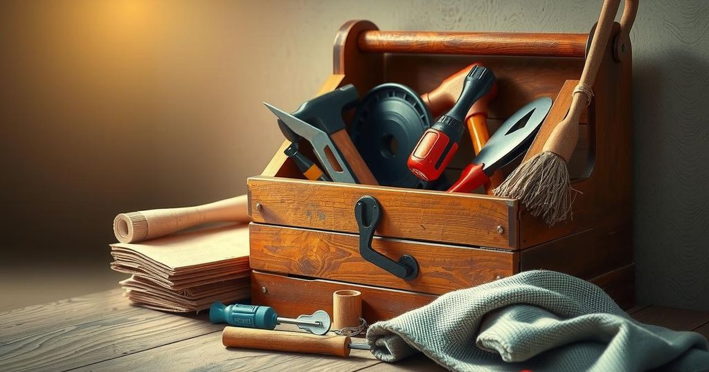 A wooden toolbox with tools scattered around, symbolizing home improvement, set in warm, inviting colours.