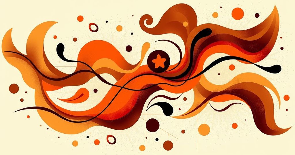 A vibrant artwork symbolising creativity, featuring flowing brown hues and abstract shapes, reflecting positive energy.