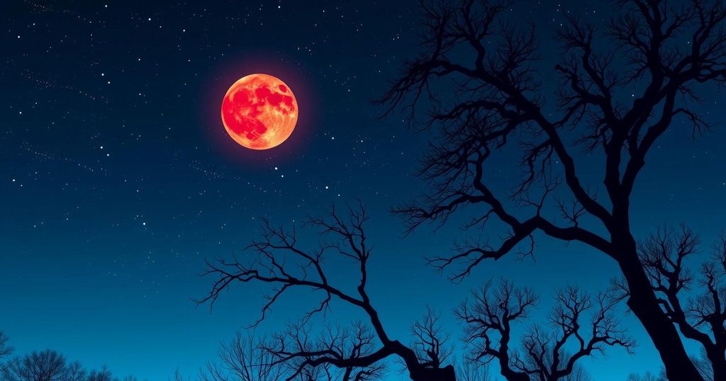 A serene landscape featuring a night sky with twinkling stars, deep blue tones, and a glowing red moon.