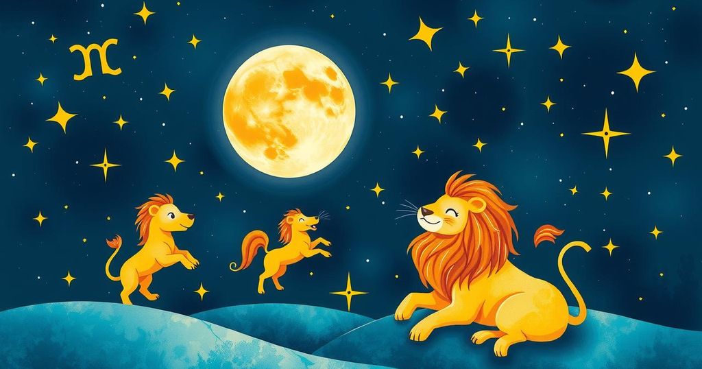 Astrological stars and signs set against a vibrant Leo-themed celestial backdrop with moonlight hues.