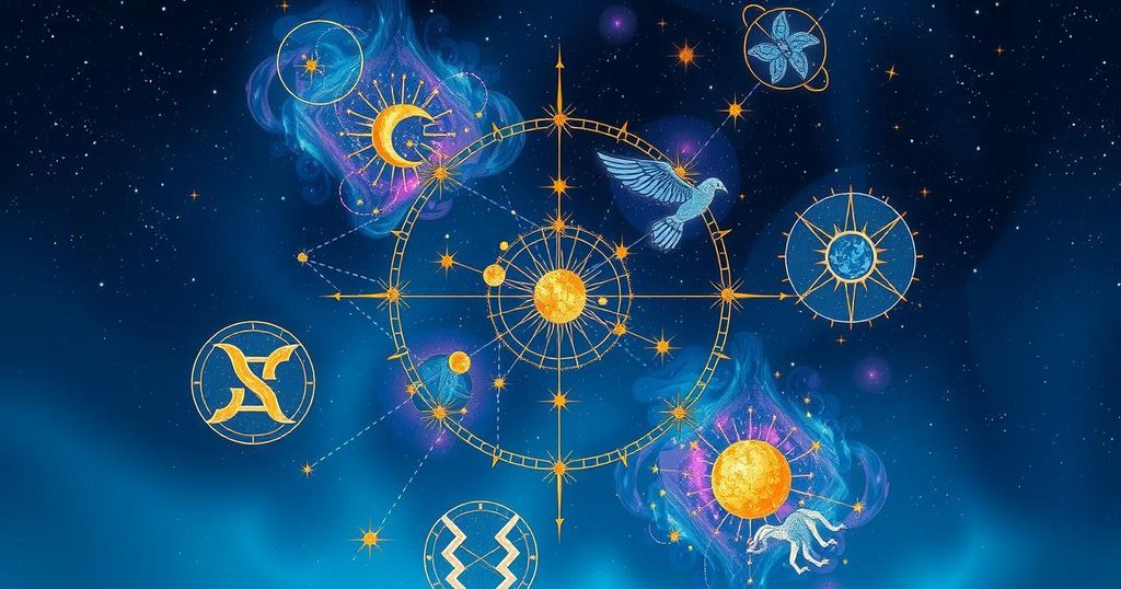Astrological symbols with vibrant constellations and celestial background, illustrating cosmic energy and harmony.