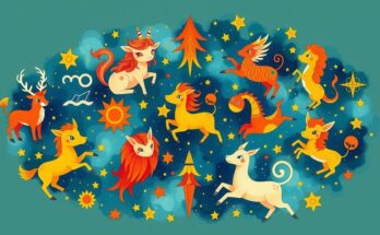 A whimsical illustration of zodiac signs in a bright colour scheme celebrating astrology and personal growth.