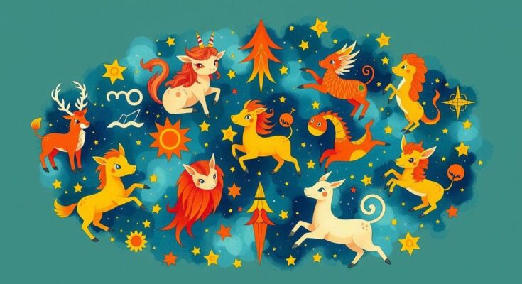 A whimsical illustration of zodiac signs in a bright colour scheme celebrating astrology and personal growth.