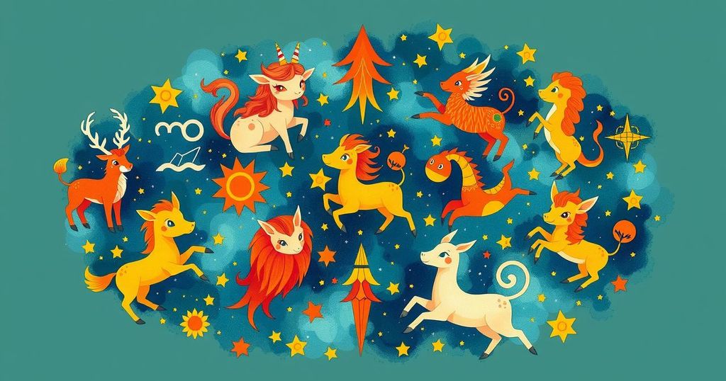 A whimsical illustration of zodiac signs in a bright colour scheme celebrating astrology and personal growth.