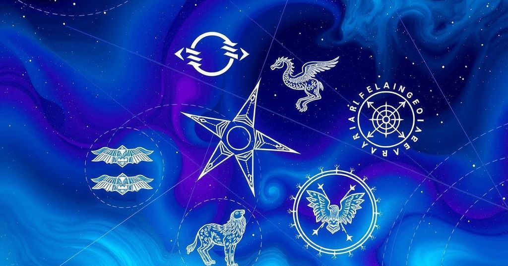 Astrological symbols in line art style against a cosmic backdrop with blue and purple tones.