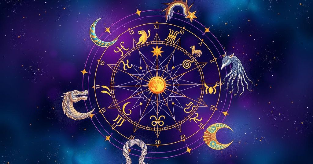 A vibrant astrology-themed illustration showcasing zodiac signs and celestial elements with a mystical design.