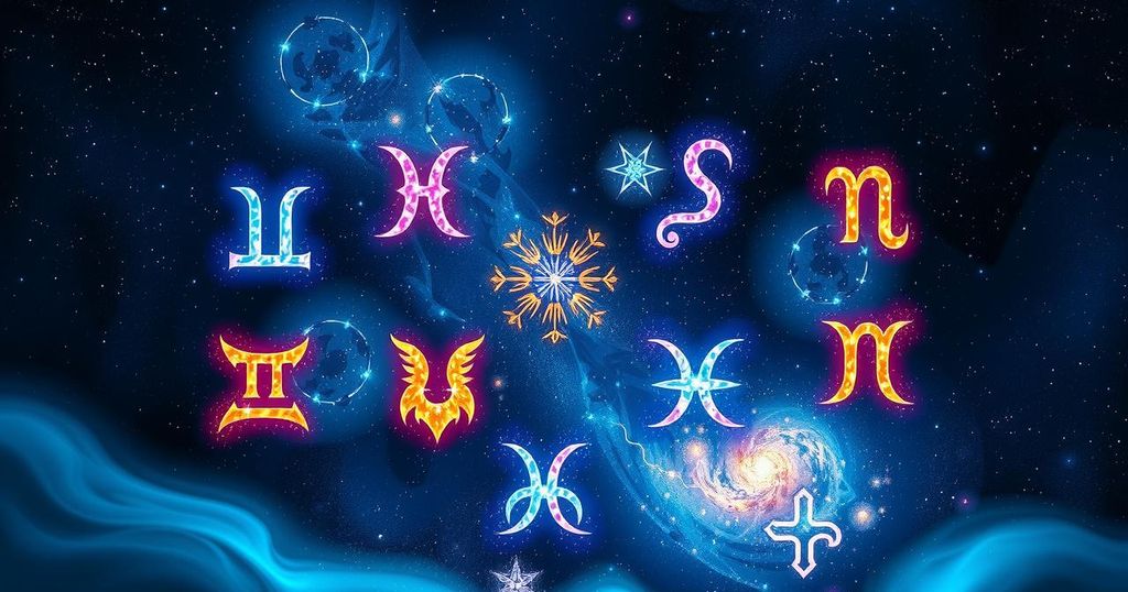 A serene cosmic landscape reflecting the zodiac signs with vibrant colours in a modern artistic style.