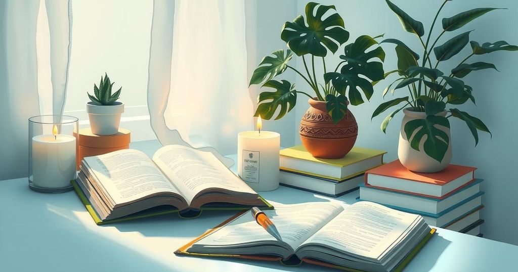 A serene workspace with soft lighting, books, and calming elements like candles and plants, embracing creativity and reflection.