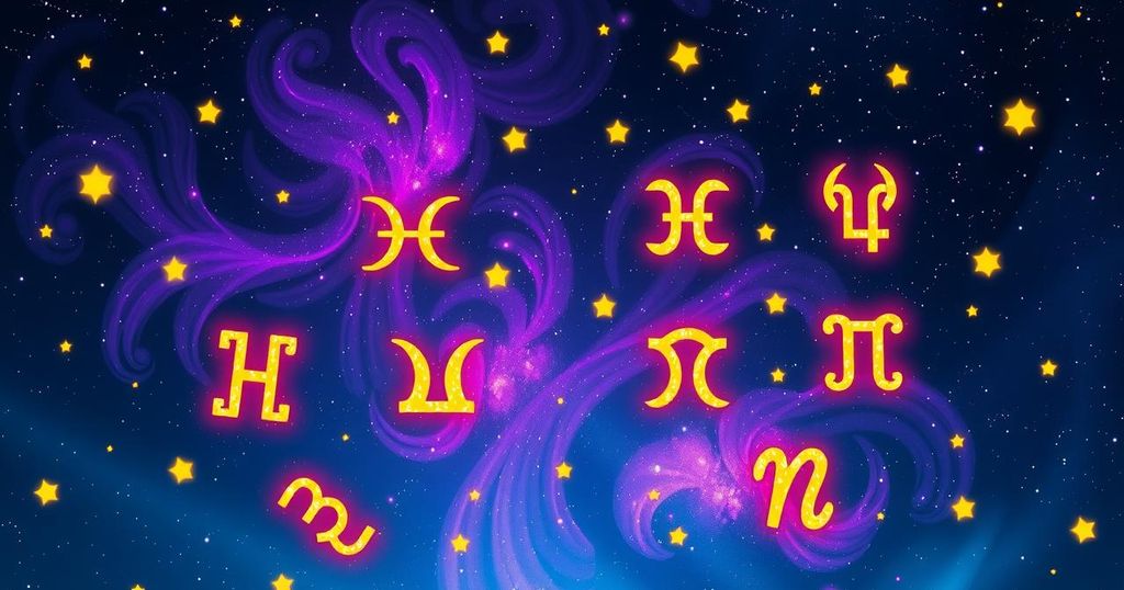 Astrological symbols representing zodiac signs against a cosmic background with celestial elements.