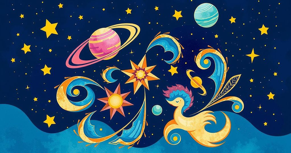 Astrological symbols intertwined with celestial motifs in vibrant hues of blue, gold and purple