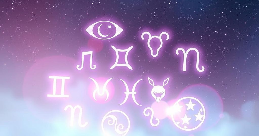 A vibrant celestial design featuring zodiac symbols against a cosmic background with soft pastel colours.