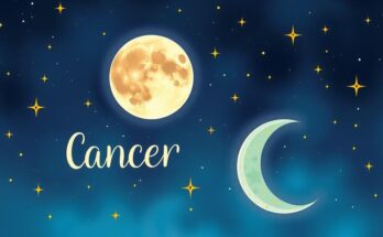 A cosmic scene with a glowing moon transitioning from Cancer to Leo, surrounded by vibrant stars and constellations.