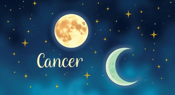A cosmic scene with a glowing moon transitioning from Cancer to Leo, surrounded by vibrant stars and constellations.