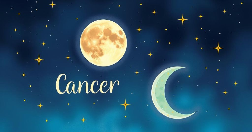 A cosmic scene with a glowing moon transitioning from Cancer to Leo, surrounded by vibrant stars and constellations.