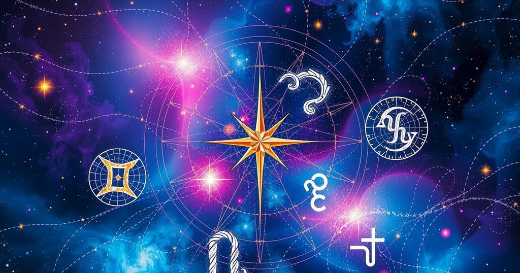 Astrological symbols with colourful cosmic background for daily horoscopes.
