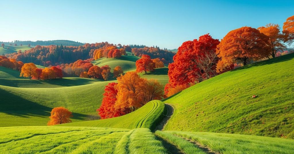 A serene landscape with lush greenery and rust-coloured elements, symbolising success and harmony for Capricorn.