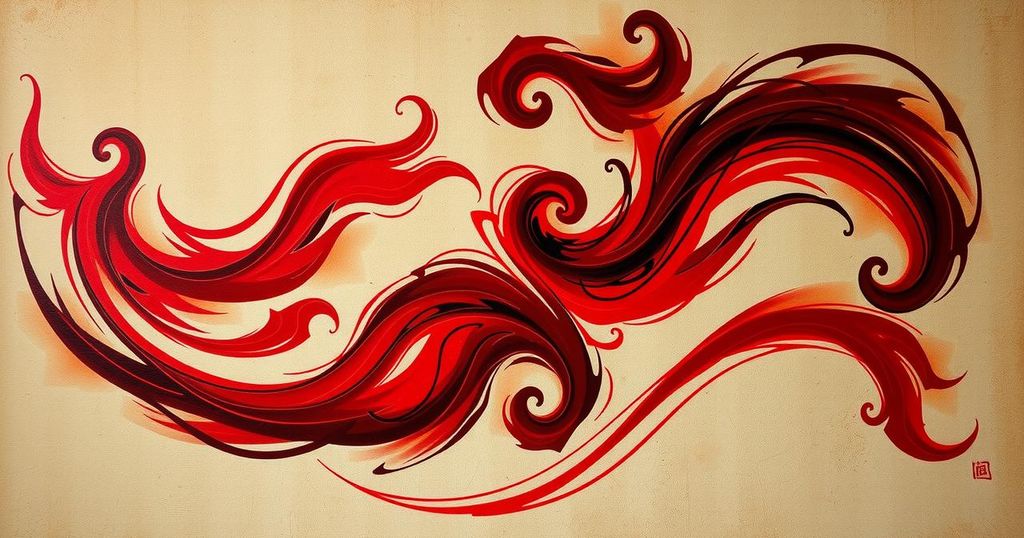 A serene, abstract representation of balance and harmony with dark red and earthy colours, symbolizing wisdom and patience.