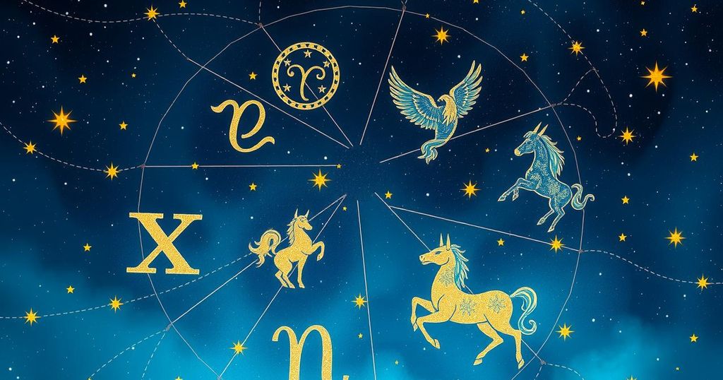 A celestial scene featuring zodiac symbols and constellations in a dreamy night sky, enriched with starry colours.