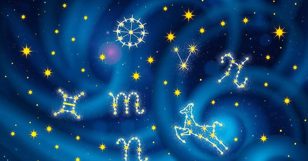 Abstract representation of zodiac signs with celestial motifs and a mystical colour palette of deep blues and purples.