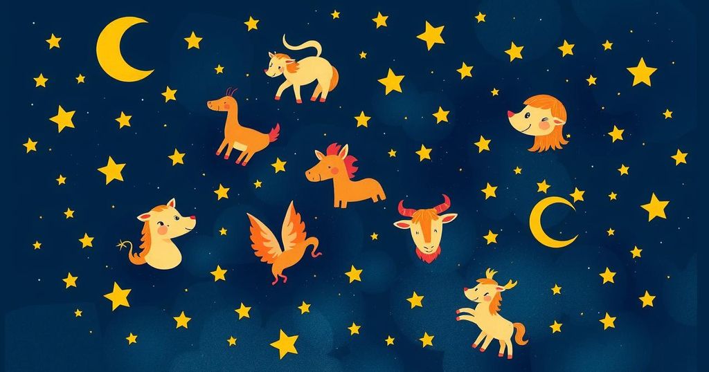 Celestial theme with zodiac symbols showcasing a colourful astrological horoscope for February.