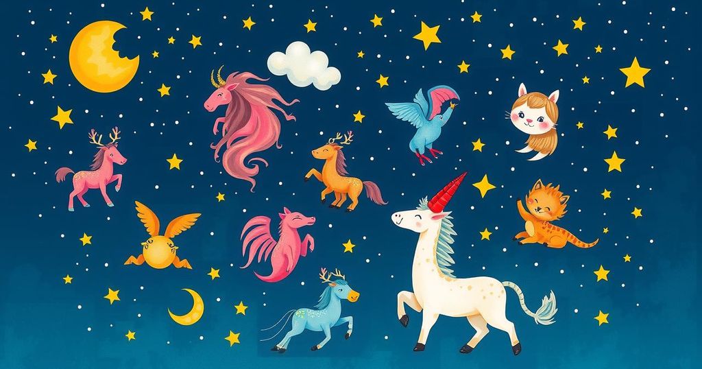 A celestial scene featuring zodiac symbols and astrological elements in a deep blue colour scheme.