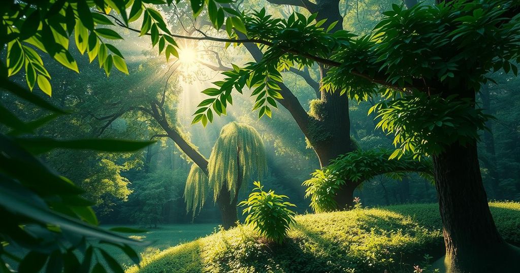 A serene and elegant depiction of nature, featuring lush greenery and gentle sunlight, symbolizing growth and confidence.