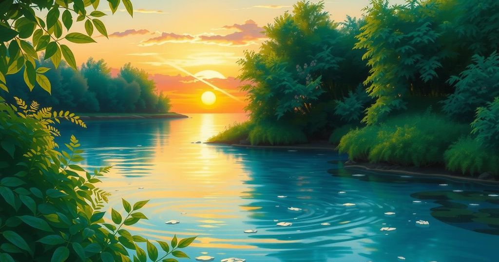 A serene landscape with calm waters and lush greenery, featuring a tranquil sunset in rust colours.