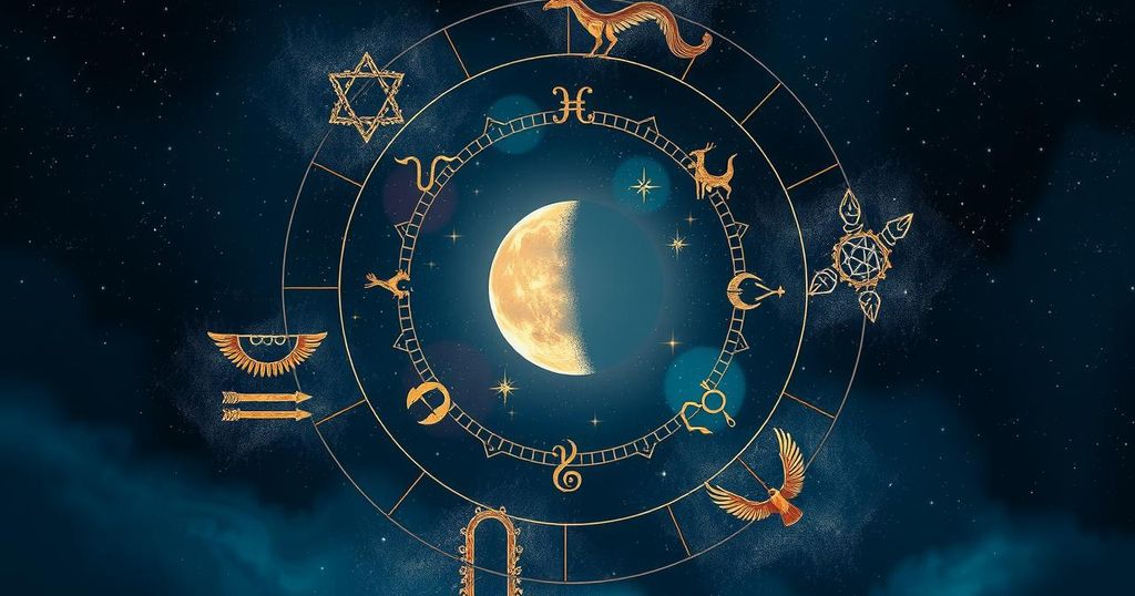 A cosmic scene with zodiac symbols and a luminous first quarter moon in a starry night sky.