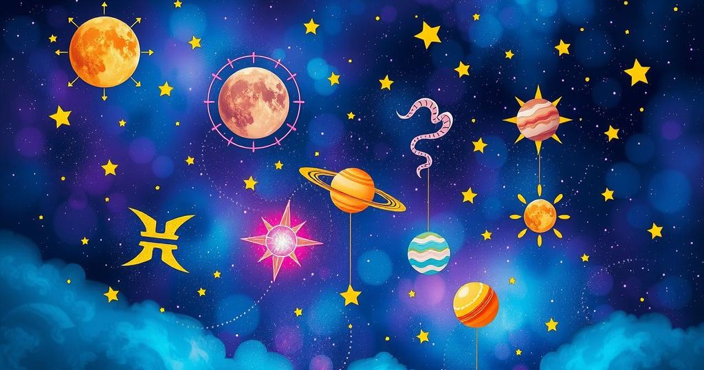Astrological symbols surrounded by a cosmic background with vibrant colours, representing weekly horoscopes.