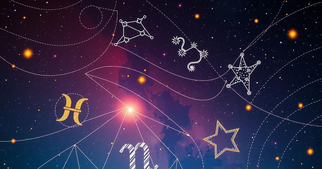 A cosmic scene with star constellations representing zodiac signs under a vibrant night sky in warm hues.