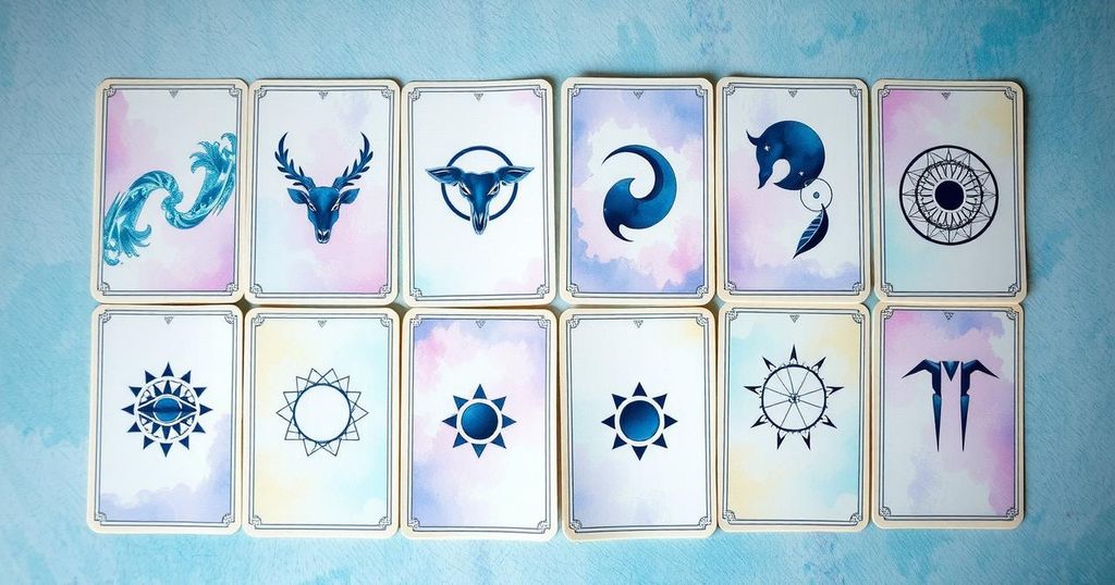Zodiac signs illustrated in tarot card style with a mystic background and soothing colour palette for introspection.