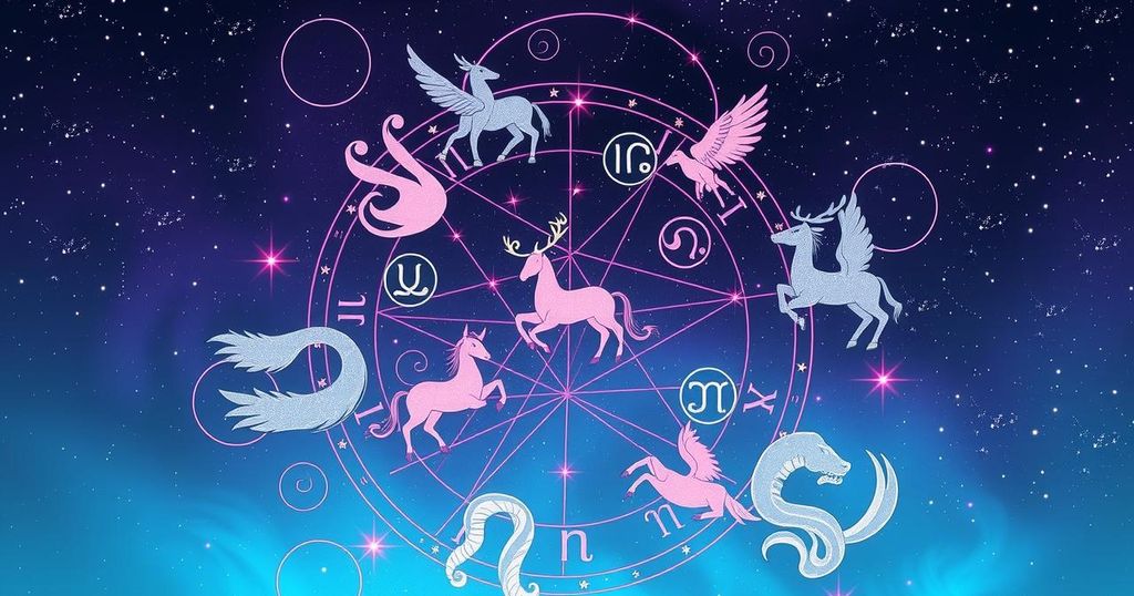 A celestial illustration depicting the zodiac signs against a starry night sky using soft pastels and magical swirls.