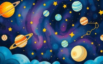A cosmic scene with planets and stars illustrating horoscope predictions, using a vibrant colour palette.