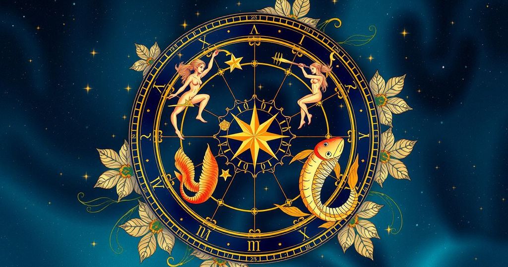 A zodiac wheel showcasing Gemini, Virgo, Sagittarius, and Pisces signs with vibrant celestial elements and a mystical background.