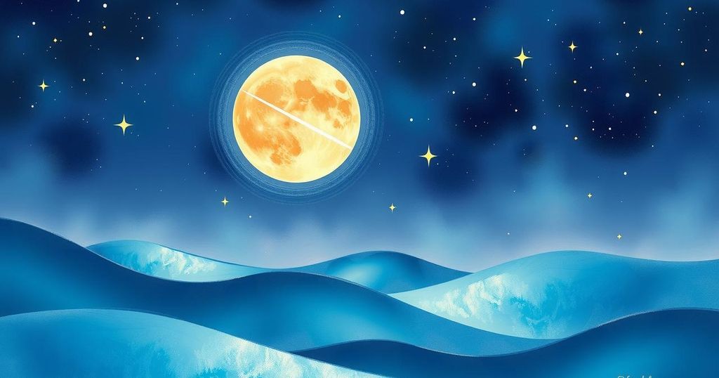 Celestial landscape with a vibrant Sagittarius moon, stars, and calming hues, symbolising astrological insights.