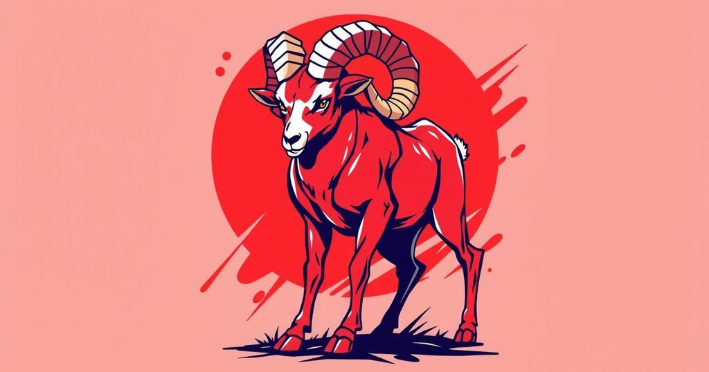 A vibrant artwork of a confident ram against a red background, symbolising ambition and strength.