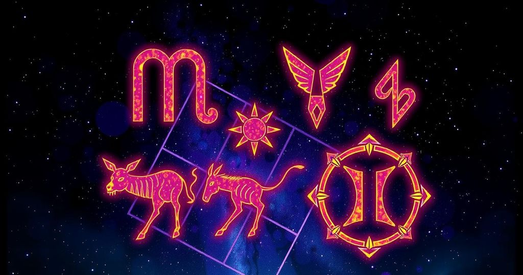 Astrological signs represented by colourful symbols in a starry sky, showcasing astrology themes and zodiac elements.